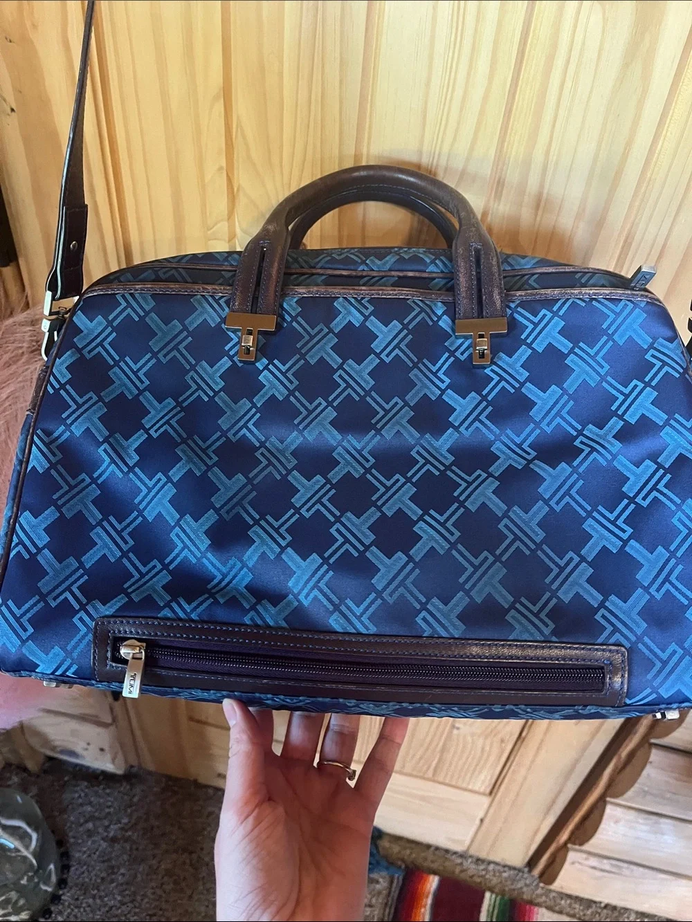 Tumi Navy Blue Patterned Laptop Bag with Dark Brown Trim
